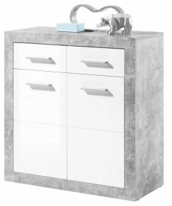 Kommode - Beton - Weiß Hochglanz - 82 Cm Breit