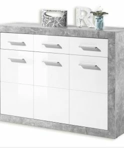 Kommode - Beton - Weiß Hochglanz - 117 Cm Breit