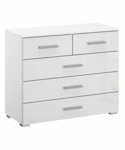 Kommode - Weiß Hochglanz-alpinweiß - 5 Schubkästen - 80 Cm