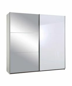 Schwebetürenschrank - Weiß Hochglanz-alpinweiß - Spiegel - 218 Cm