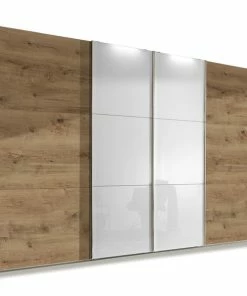 Schwebetürenschrank ESCAPE - Plankeneiche-Weißglas - 300 Cm