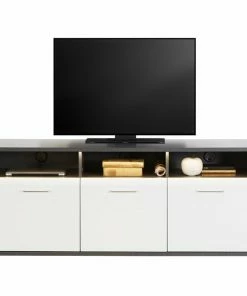 Luca Bessoni TV-Lowboard ALASSIO - Weiß Hochglanz - Matera Dunkel - 156 Cm