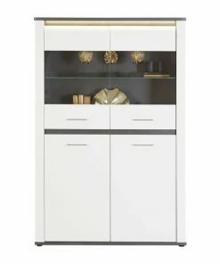 Luca Bessoni Highboardvitrine ALASSIO - Weiß Hochglanz - Matera Dunkel - 109 Cm