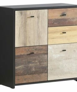 Kommode - Eiche-Pinie-schwarz - 77 Cm Breit