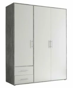 Drehtürenschrank - Beton - Weiß - 3-türig - 2 Schubkästen