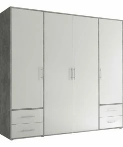 Drehtürenschrank - Beton-Optik - Weiß - 206 Cm Breit