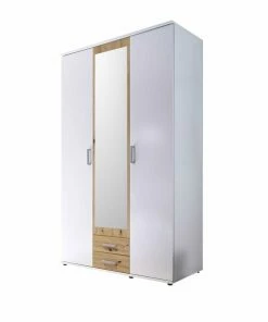 Drehtürenschrank - Weiß-Artisan Eiche - Spiegel - 120 Cm