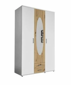 Drehtürenschrank - Weiß-Artisan Eiche - Spiegel - 120 Cm