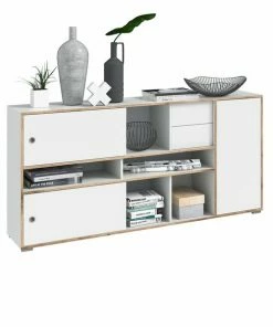 Sideboard JESPER - Weiß-Eiche - 2 Schiebetüren - 181 Cm