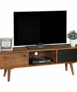 TV-Lowboard - Sheesham Massiv Gebeizt - Schwarz - 2 Türen