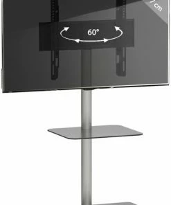 TV-Standfuß ALANI - Silber - Schwarzglas - Mit Zwischenboden