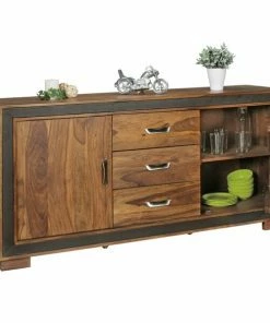 Sideboard - Sheesham Massiv-schwarz - 3 Schubladen - 160 Cm Breit